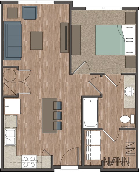 Floor plan for 1 bed, 1 bath, 641 sqft